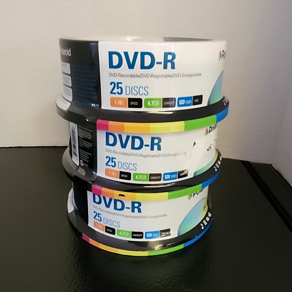 Polaroid DVD-R 4.7GB 120‎ Min 16x Recordable Discs - 3 Spindles of 25 = 75 Discs